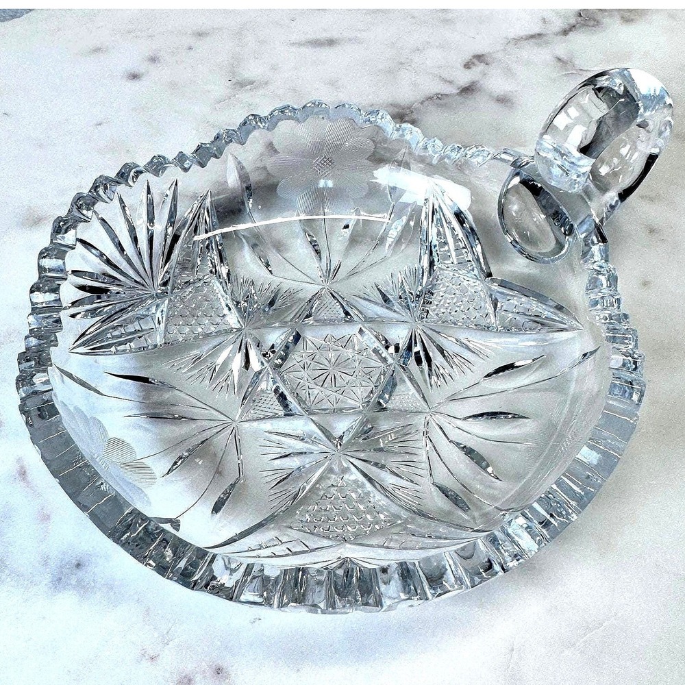 Antique American Brilliant Cut Glass Handled‎ Nappy Floral 7" Etched Floral